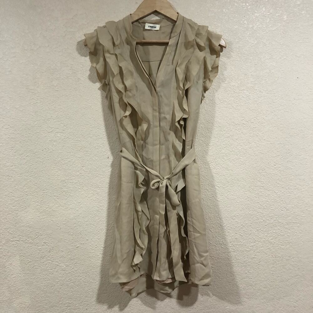 New L’Agence tan ruffle button front mini dress